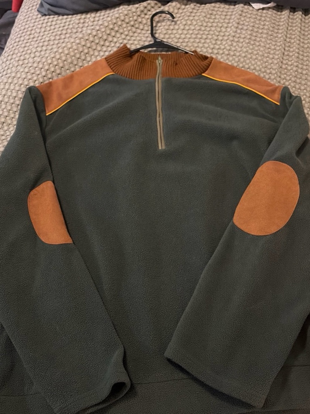 Carhartt Olive Green Half-Zip Fleece with Brown Shoulder and Elbow Accents